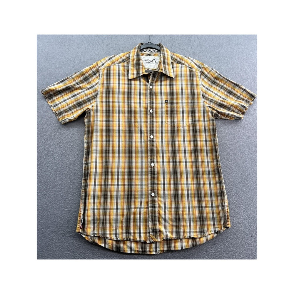 VTG Quiksilver Shirt Mens Sz L Plaid Short Sleeve Yellow Brown Organic Cotton